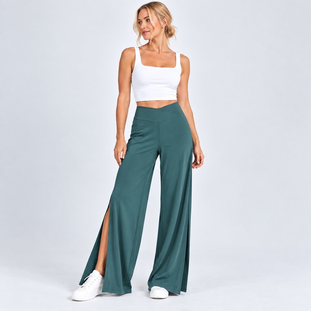Halara Crossover Waistband Wide Leg Split Side Leggings Teal Green Large NWT